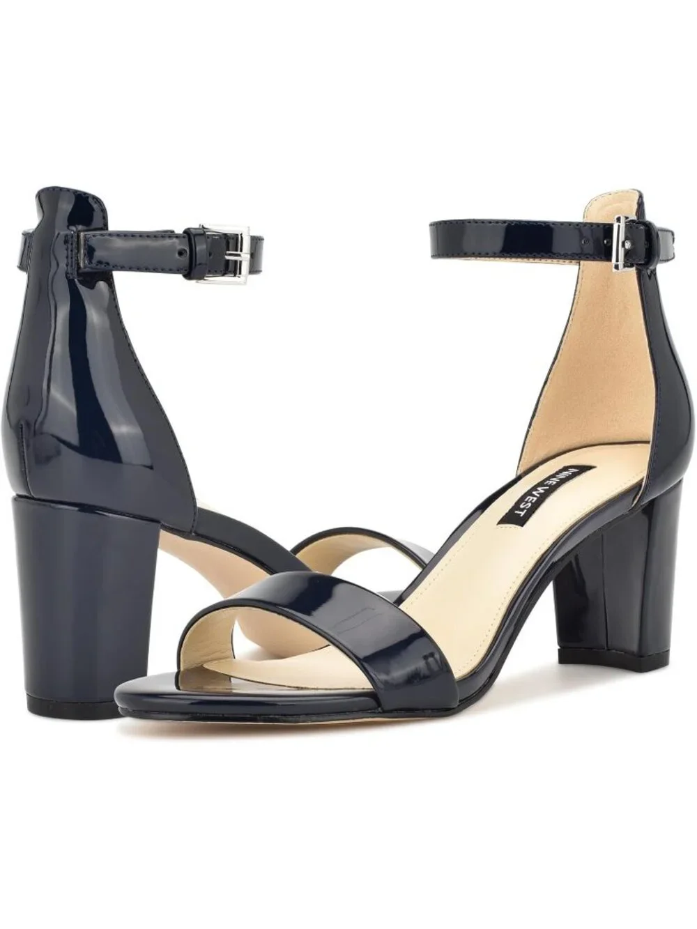 Women's Navy Blue Patent Round Toe Ankle Strap Wnpruce Block Heeled Sandal Shoes